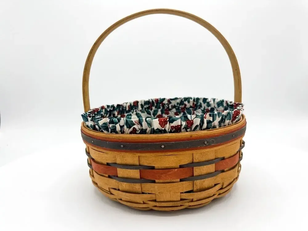 Vintage 1992 Longaberger Large Round Basket with Holly Leaf Berries Fabric Liner